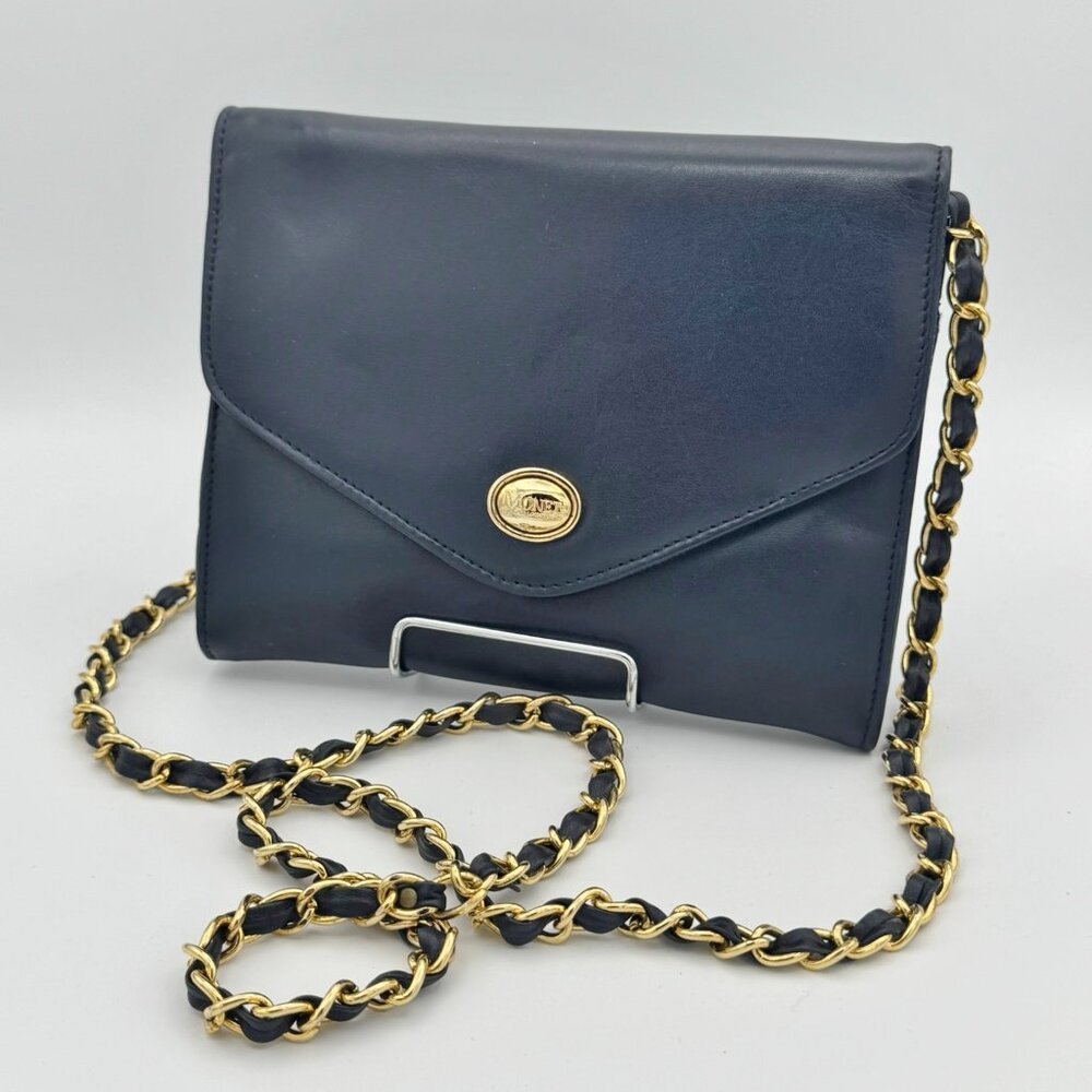 Vintage Monet Navy Blue Leather Crossbody Purse Gold Chain